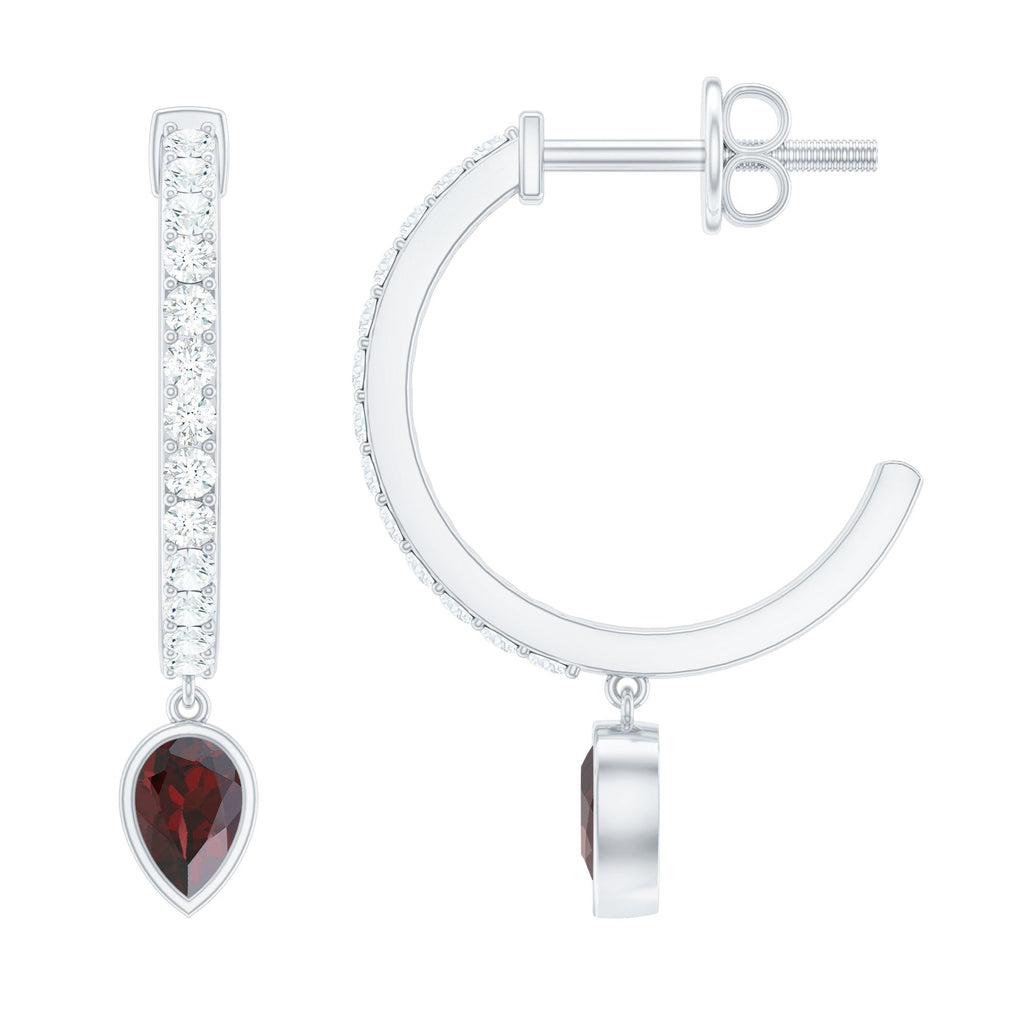 Genuine Garnet Teardrop Hoop Earrings with Diamonds