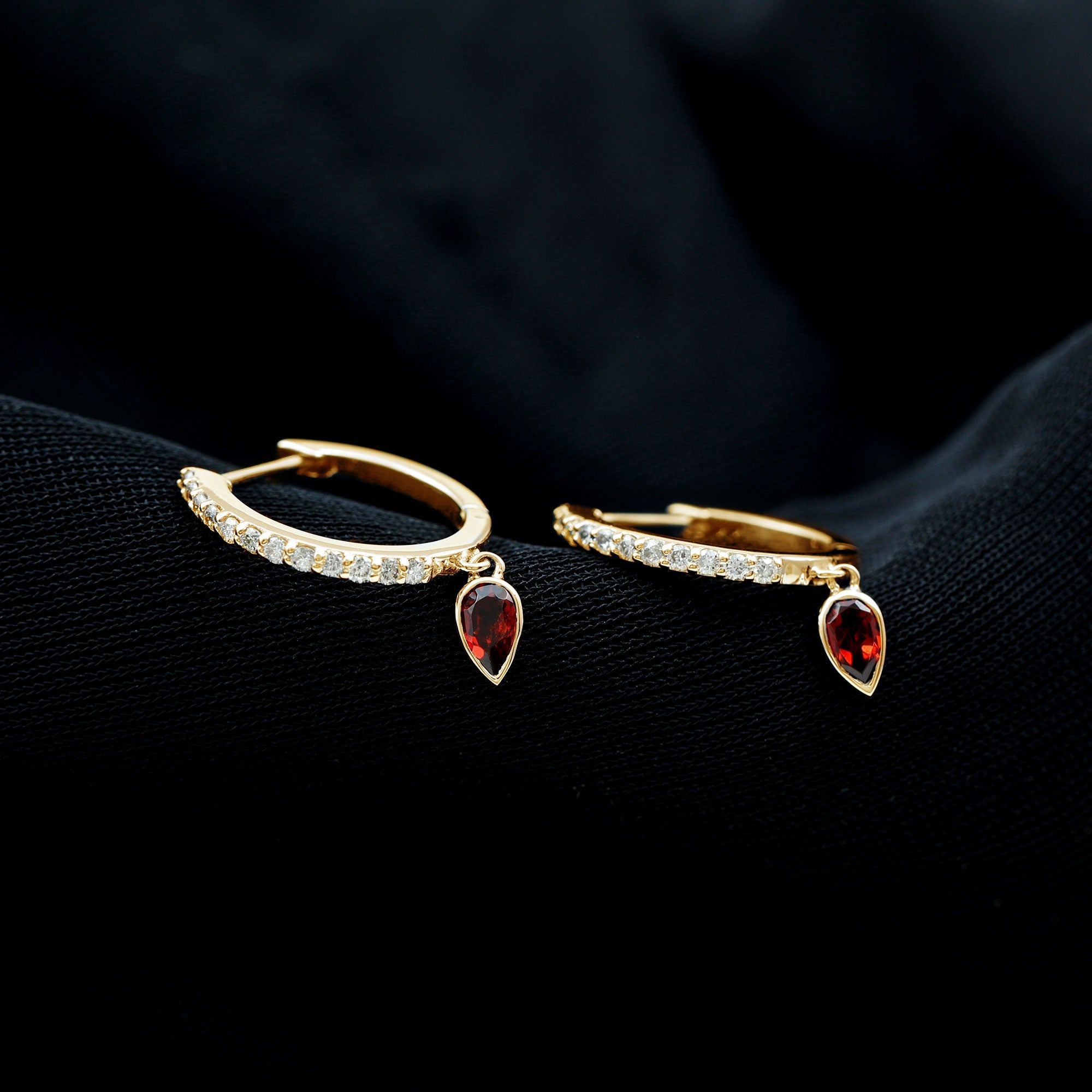 Genuine Garnet Teardrop Hoop Earrings with Diamonds