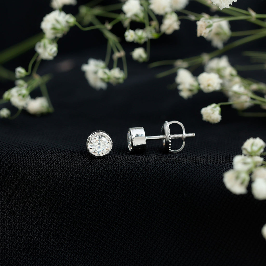 Certified Moissanite Solitaire Stud Earrings in Bezel Setting