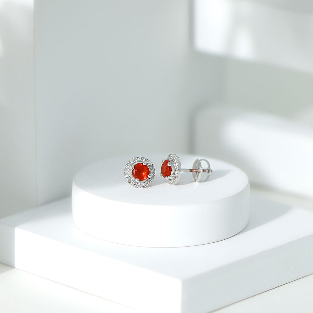 Natural Orange Fire Opal Stud Earrings With Diamonds