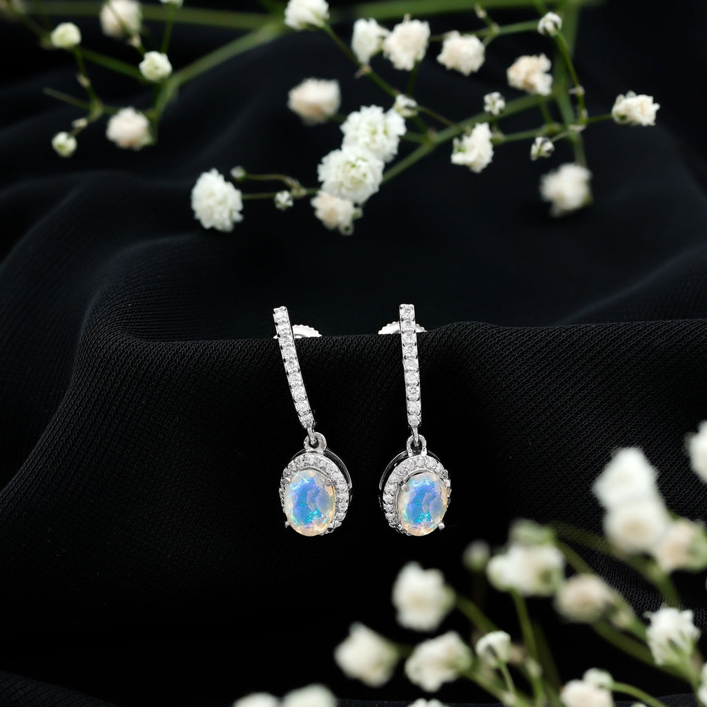 Natural Ethiopian Opal Hoop Drop Earrings with Diamond