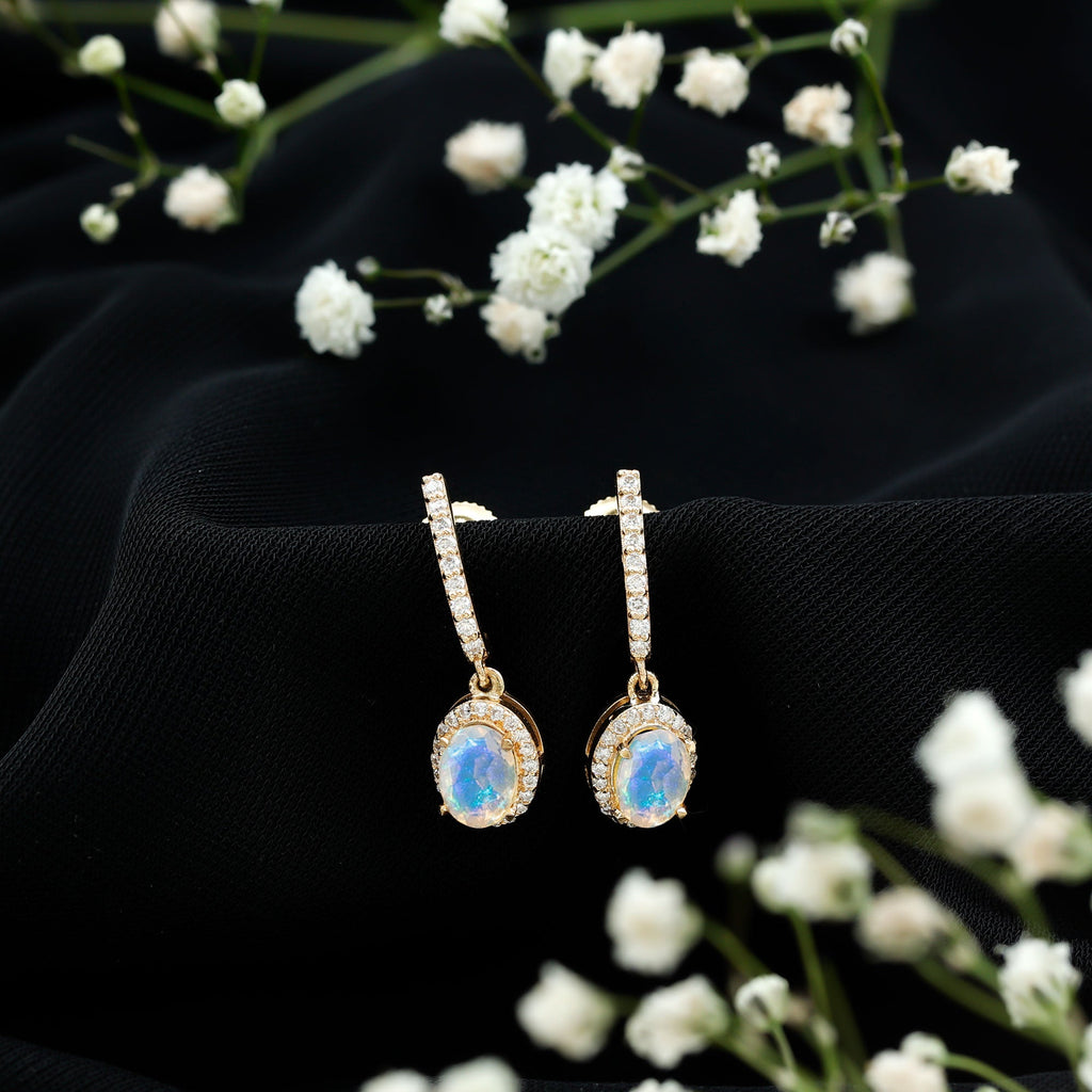 Natural Ethiopian Opal Hoop Drop Earrings with Diamond