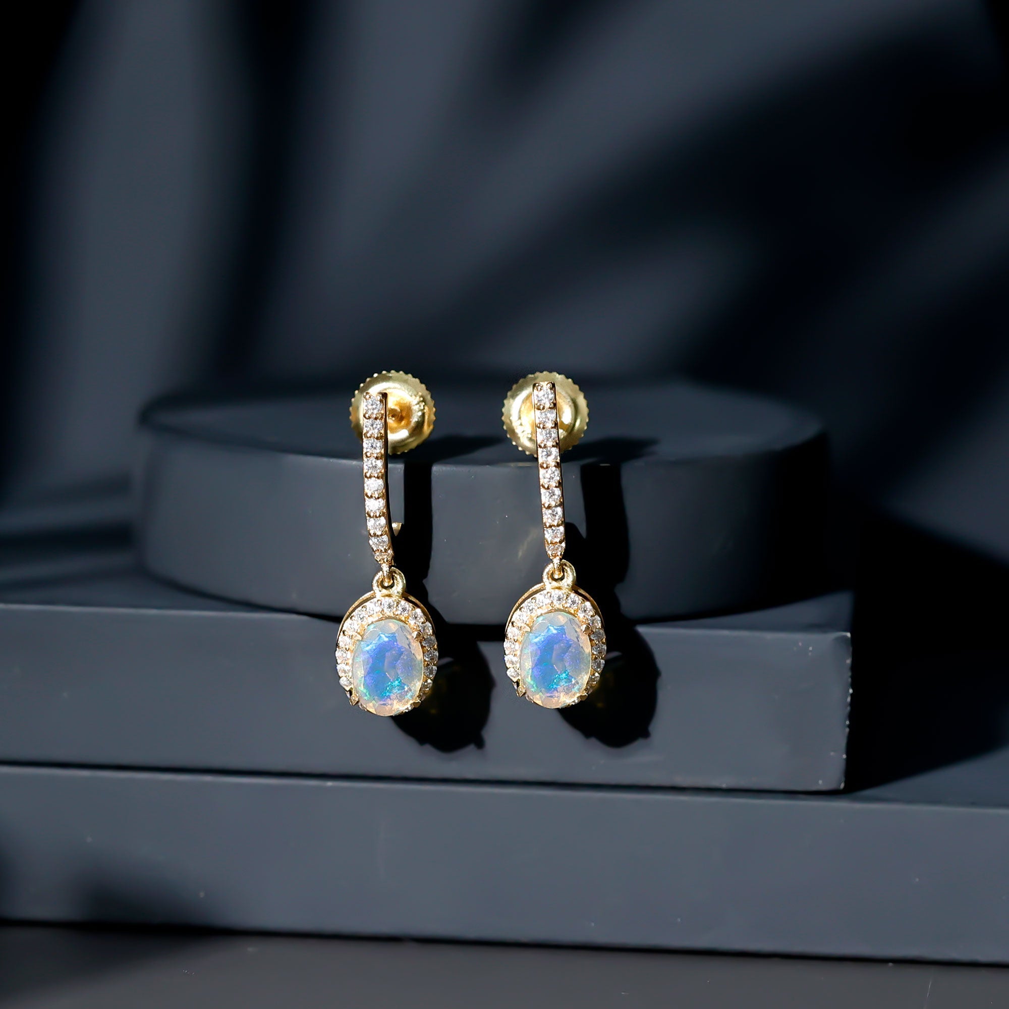 Natural Ethiopian Opal Hoop Drop Earrings with Diamond