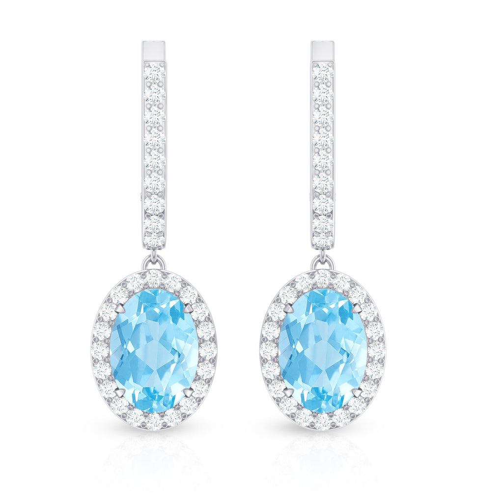 Natural 2.2 Carat Oval Aquamarine Drop Earrings with Diamond Halo