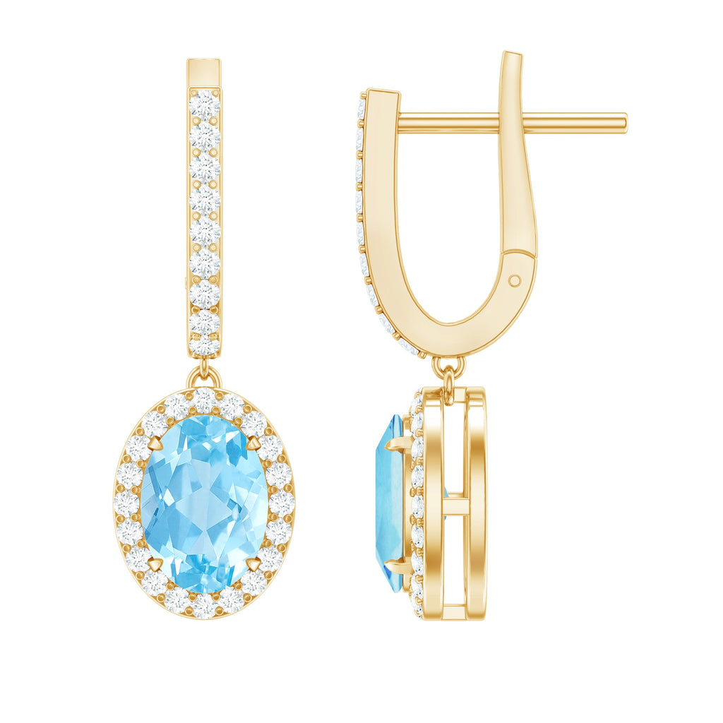 Natural 2.2 Carat Oval Aquamarine Drop Earrings with Diamond Halo