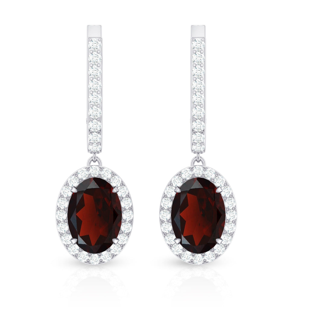 Oval Garnet and Diamond Hoop Drop Earrings with Latch Back