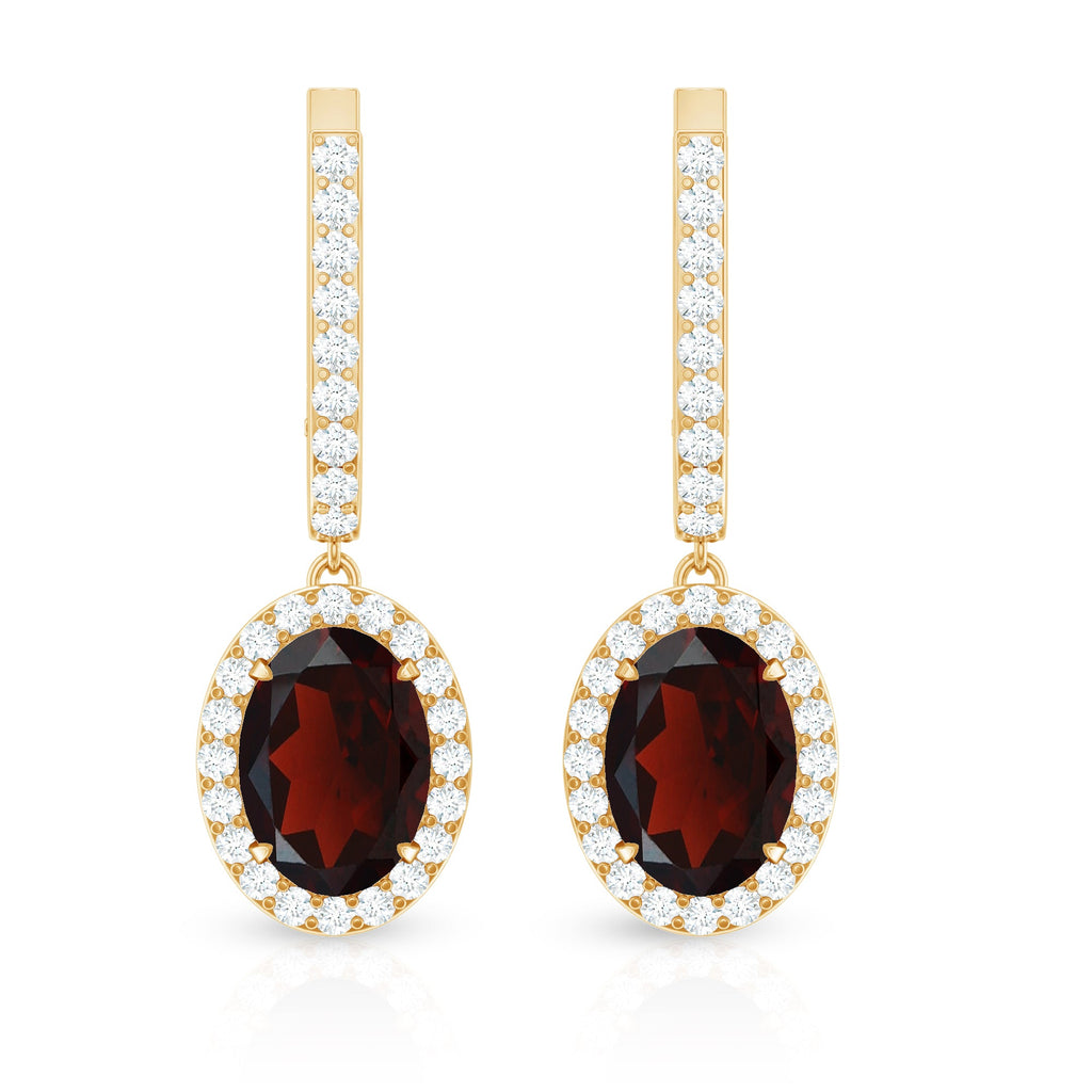 Oval Garnet and Diamond Hoop Drop Earrings with Latch Back