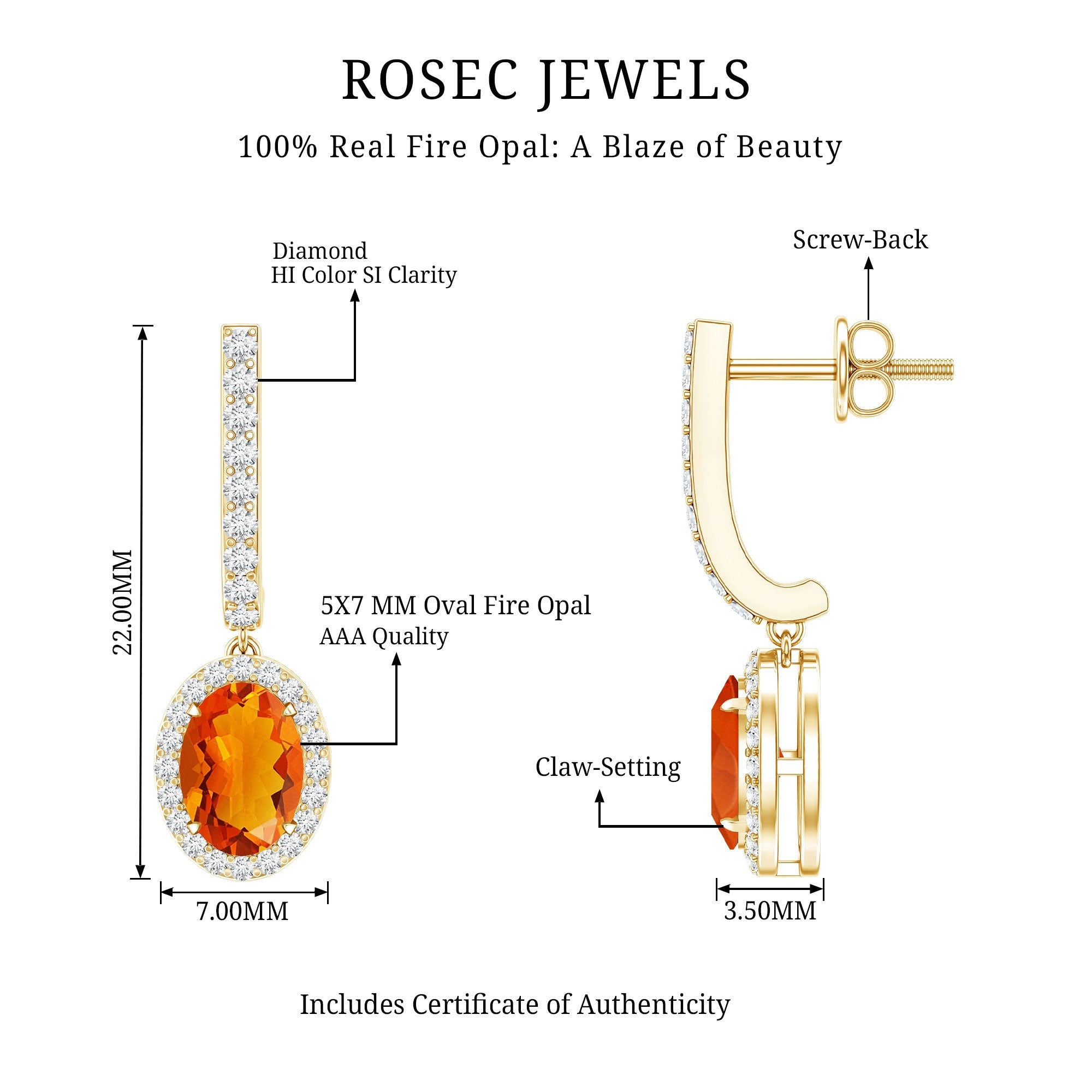 1.3 Carat Natural Oval Fire Opal Diamond Drop Earrings with Latch Back