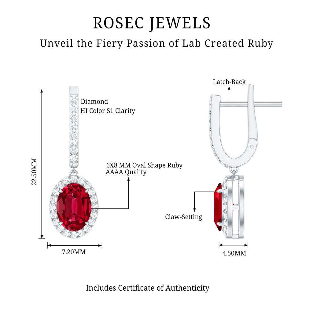 3 Carat Oval Lab Created Ruby Bridal Hoop Earrings with Diamond Halo