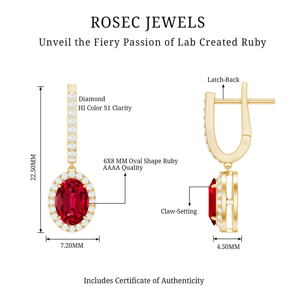 3 Carat Oval Lab Created Ruby Bridal Hoop Earrings with Diamond Halo