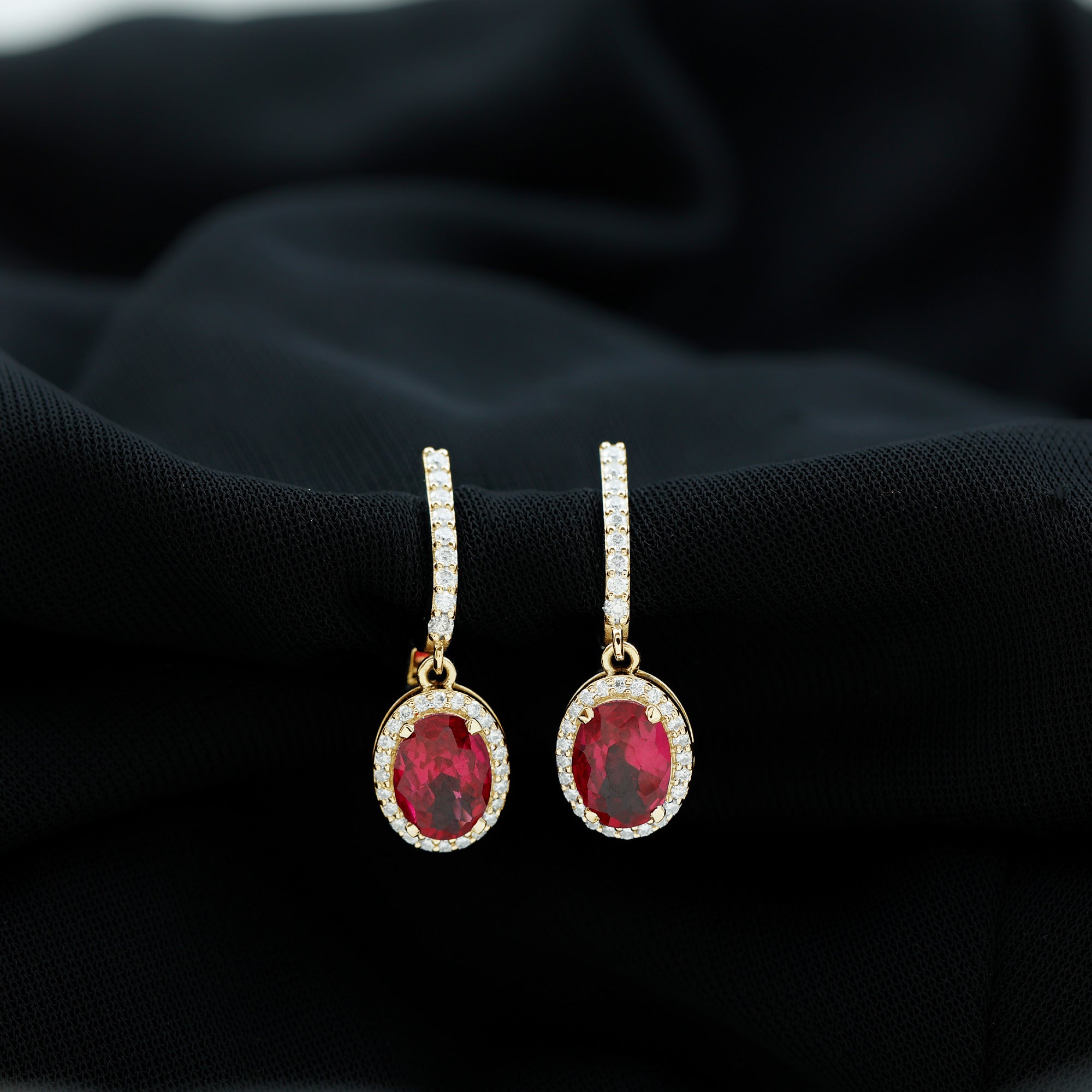 3 Carat Oval Lab Created Ruby Bridal Hoop Earrings with Diamond Halo