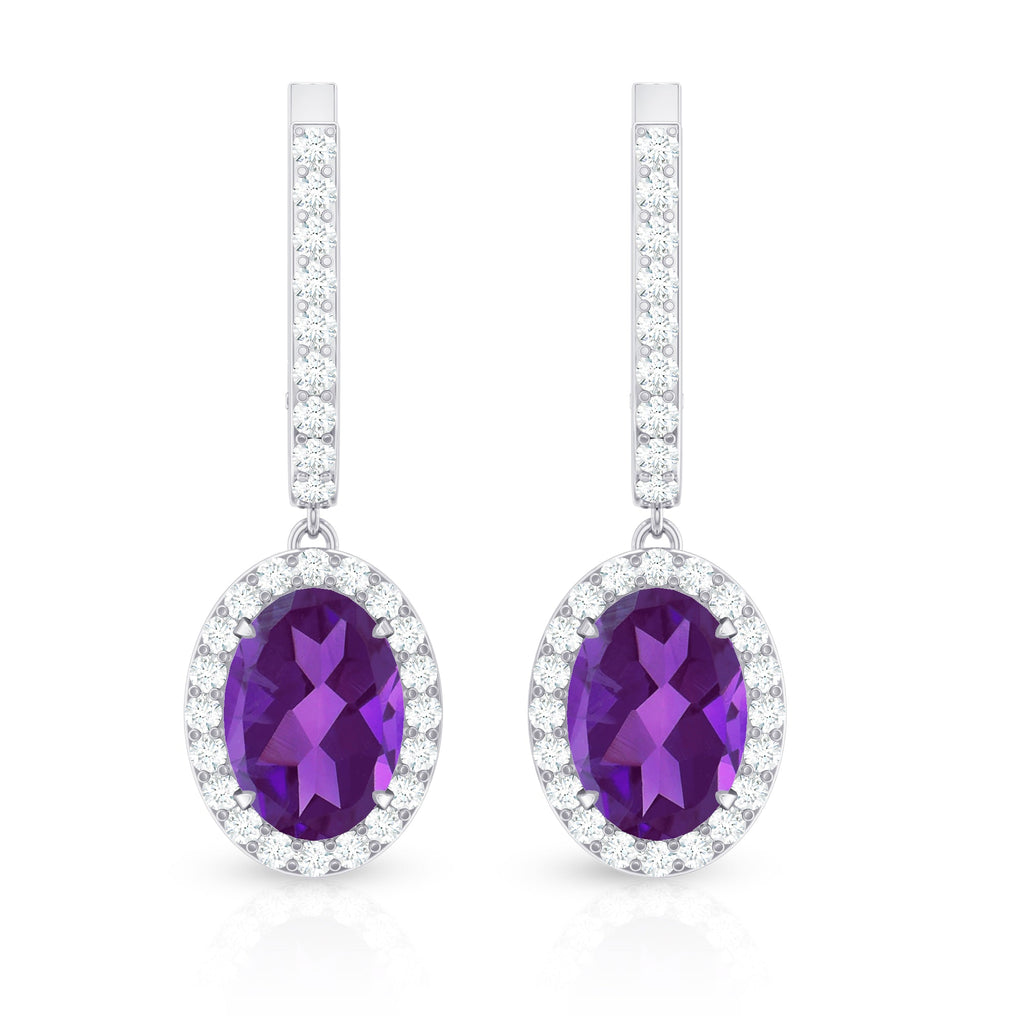 Natural Oval Amethyst Hoop Drop Earrings with Diamond Halo