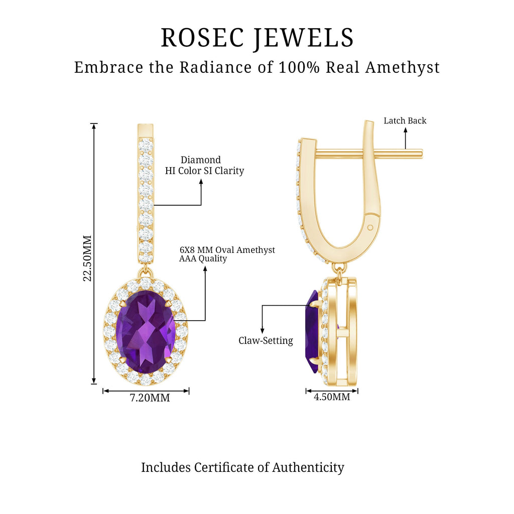 Natural Oval Amethyst Hoop Drop Earrings with Diamond Halo