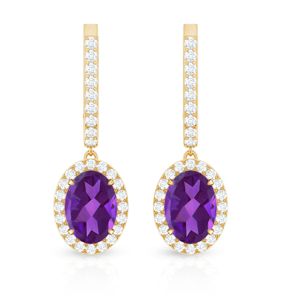 Natural Oval Amethyst Hoop Drop Earrings with Diamond Halo