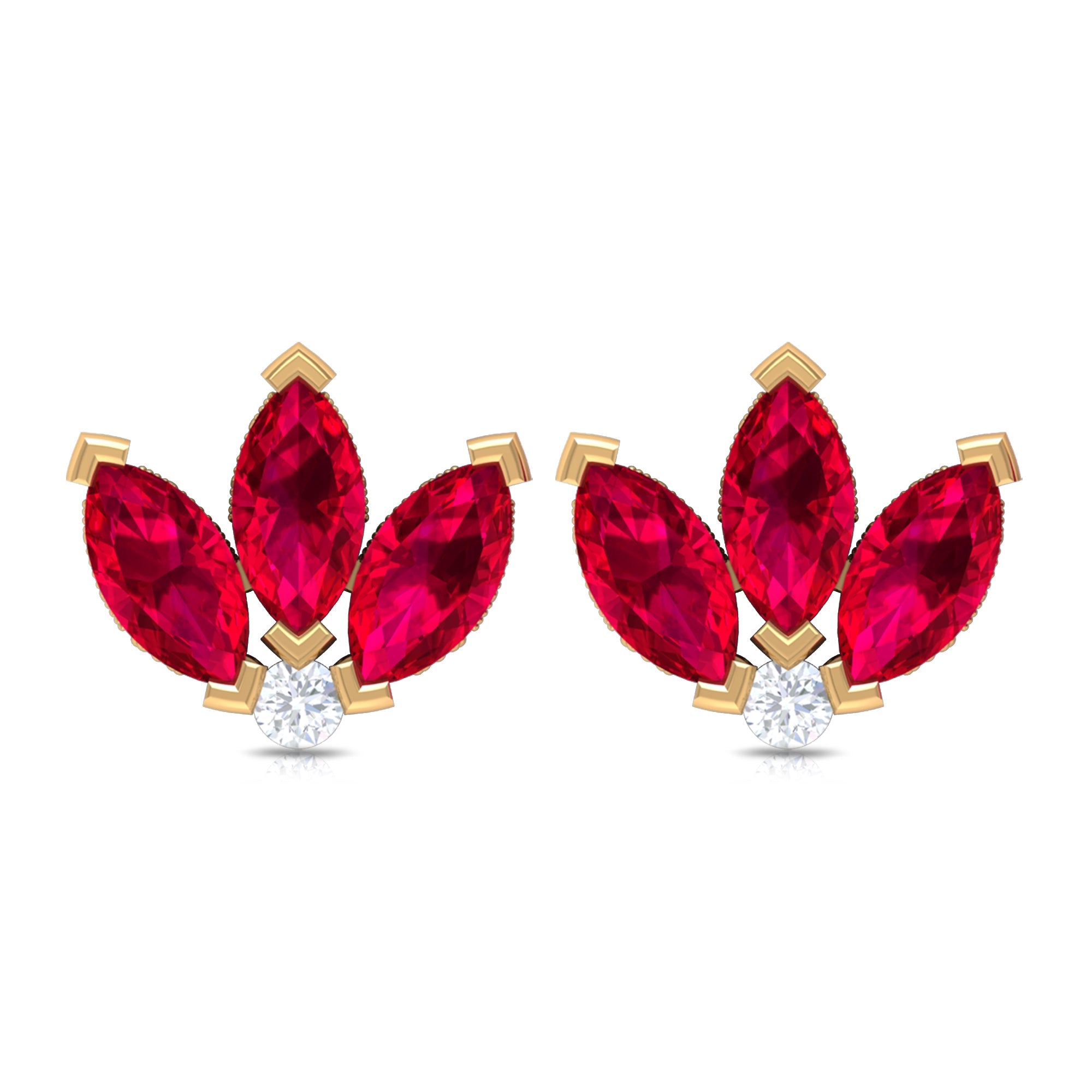 Lab Created Ruby Lotus Stud Earrings with Diamond
