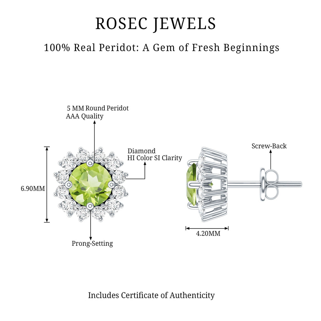 Natural 1 Carat Peridot Earrings with Diamond Halo for Women