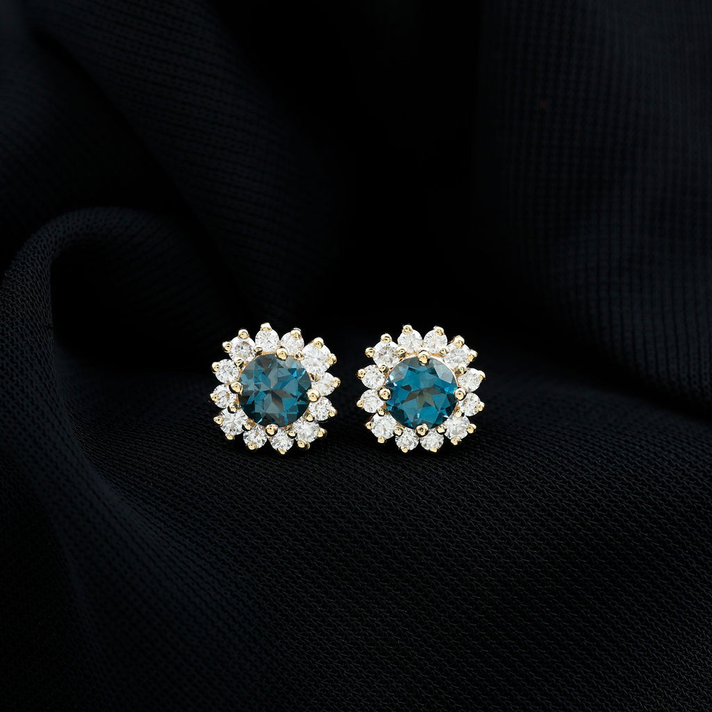Real London Blue Topaz and Diamond Halo Stud Earrings