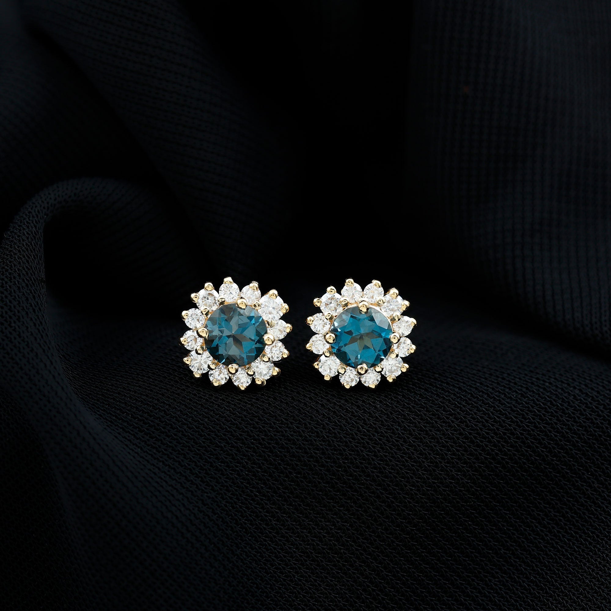 Real London Blue Topaz and Diamond Halo Stud Earrings
