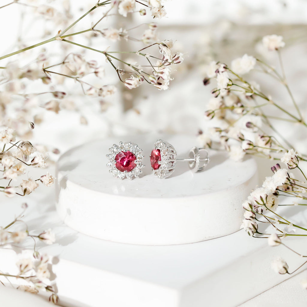 Genuine Pink Tourmaline and Diamond Halo Stud Earrings