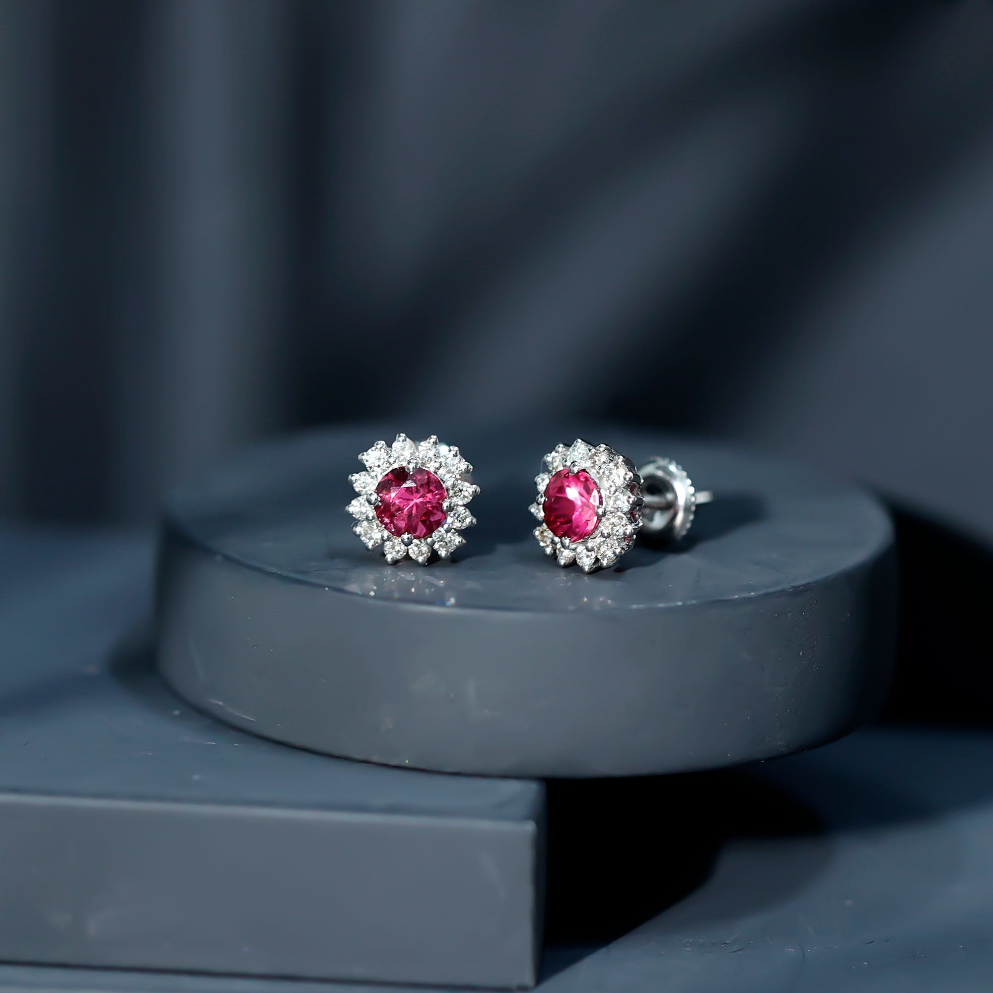 Genuine Pink Tourmaline and Diamond Halo Stud Earrings