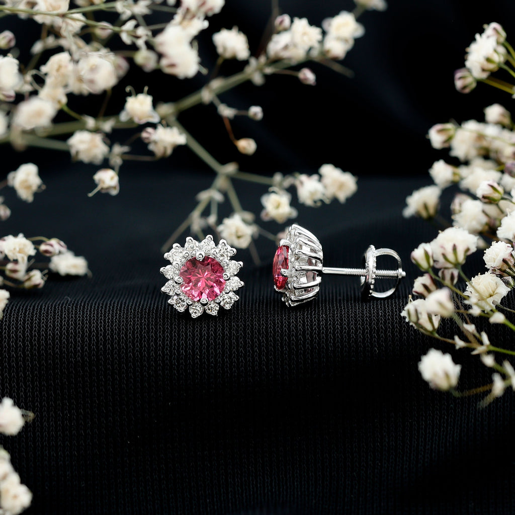 Genuine Pink Tourmaline and Diamond Halo Stud Earrings