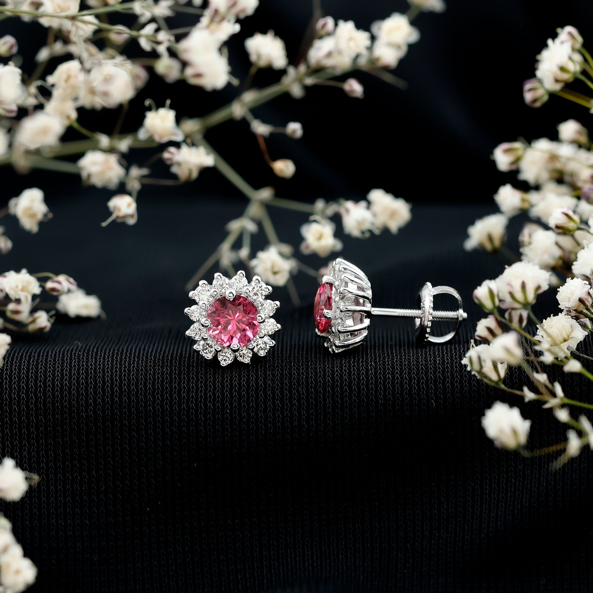 Genuine Pink Tourmaline and Diamond Halo Stud Earrings