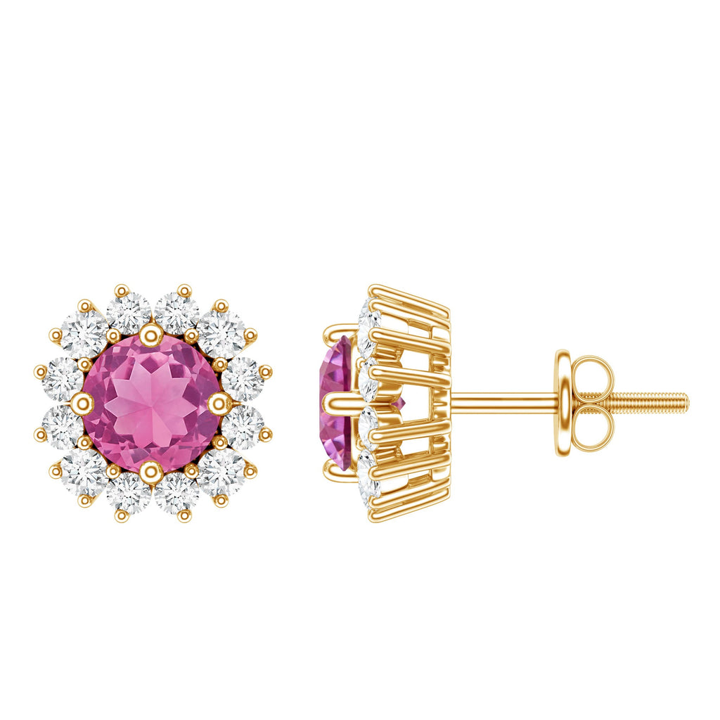 Genuine Pink Tourmaline and Diamond Halo Stud Earrings