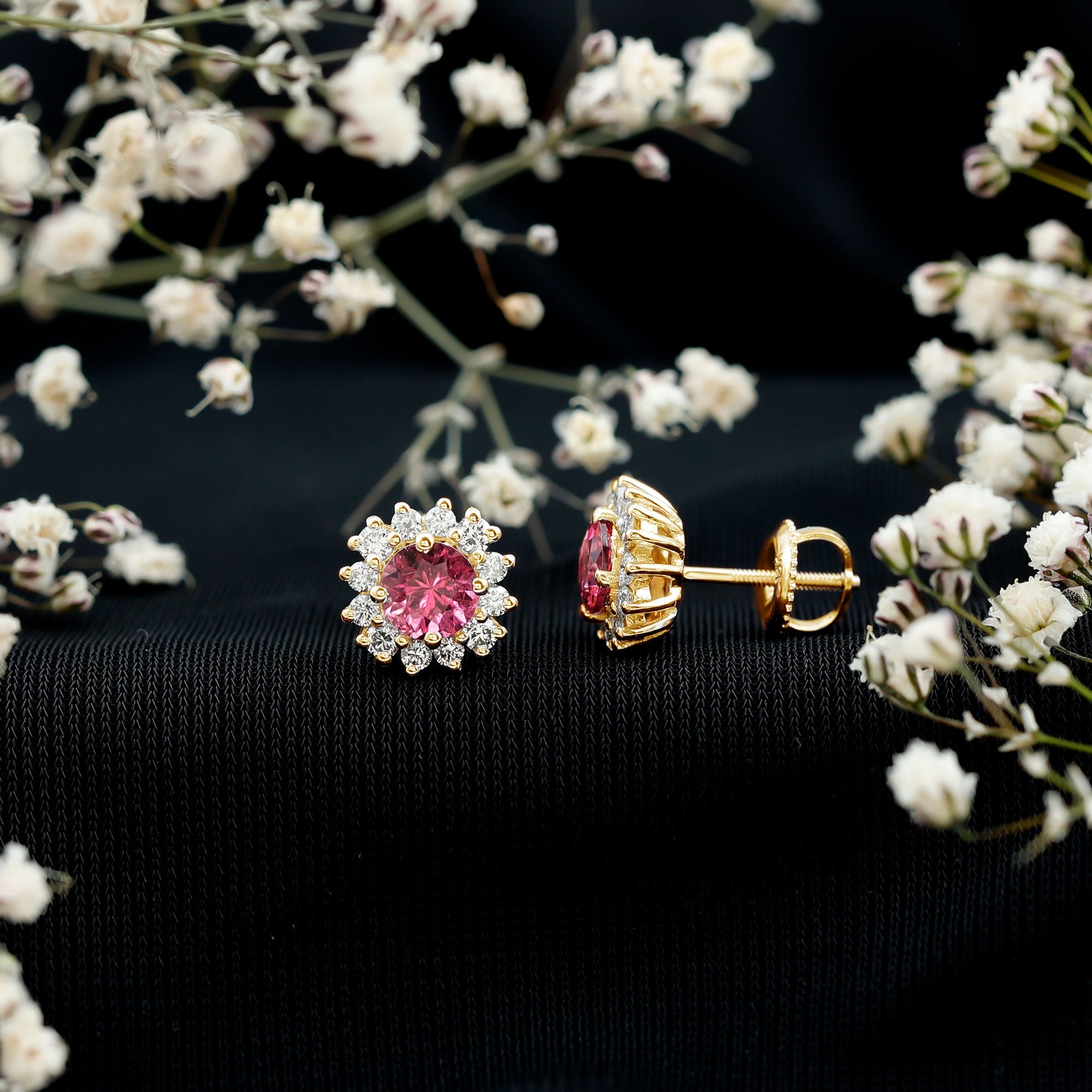 Genuine Pink Tourmaline and Diamond Halo Stud Earrings