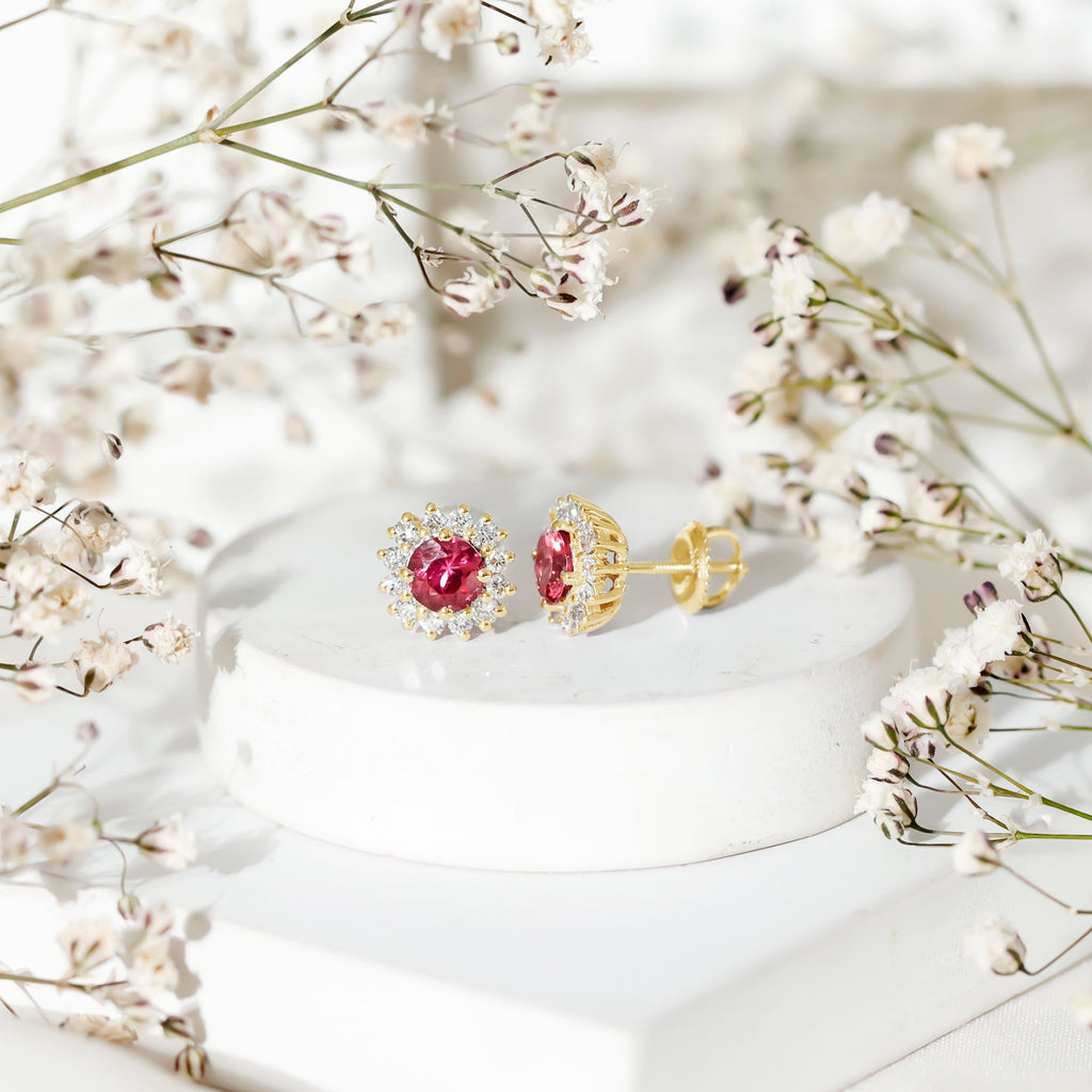 Genuine Pink Tourmaline and Diamond Halo Stud Earrings