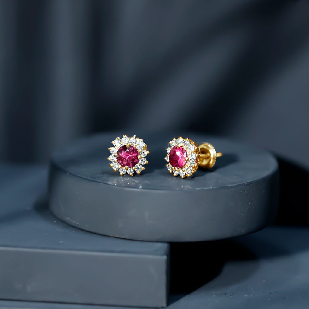 Genuine Pink Tourmaline and Diamond Halo Stud Earrings