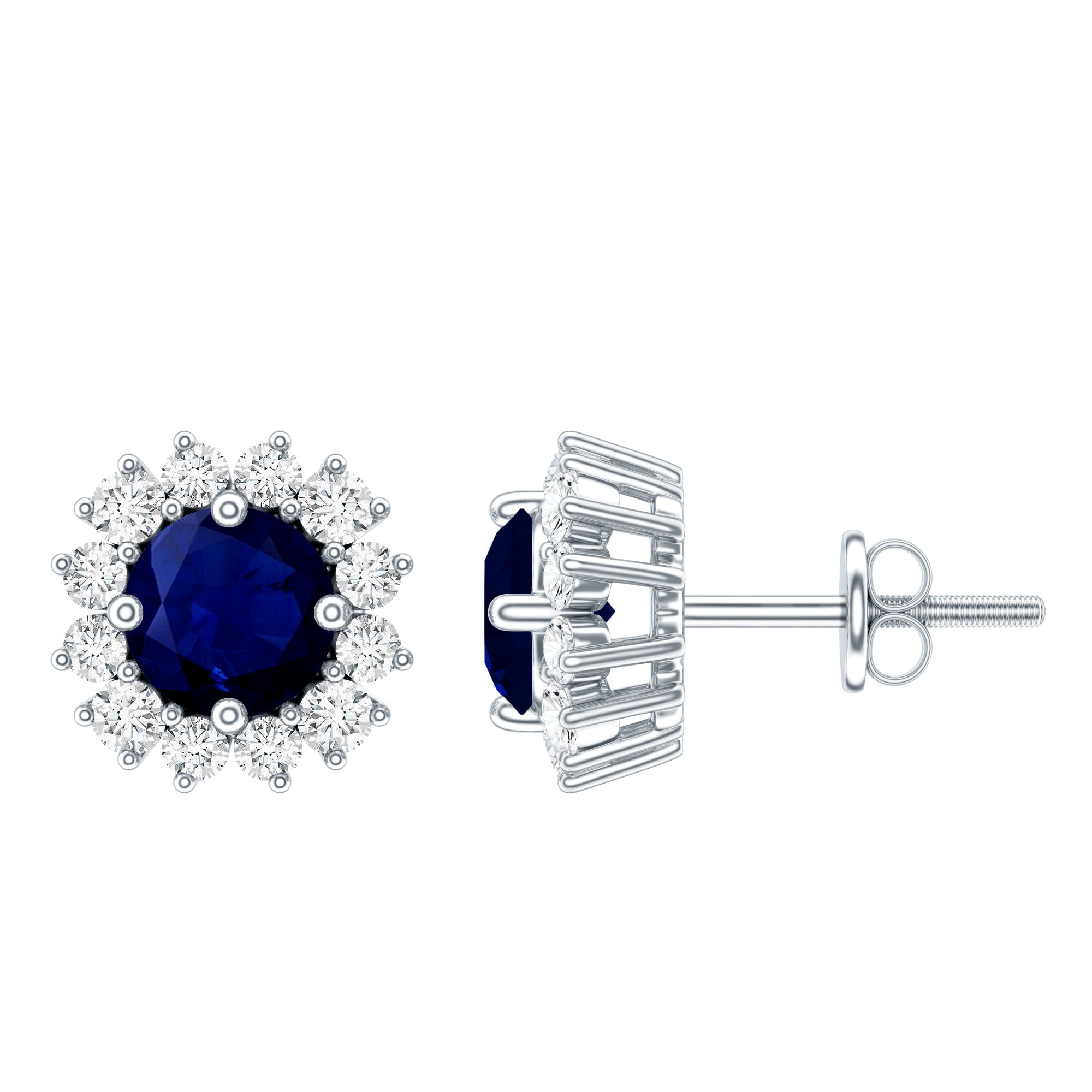 Genuine Blue Sapphire Diamond Earrings with Screw Back