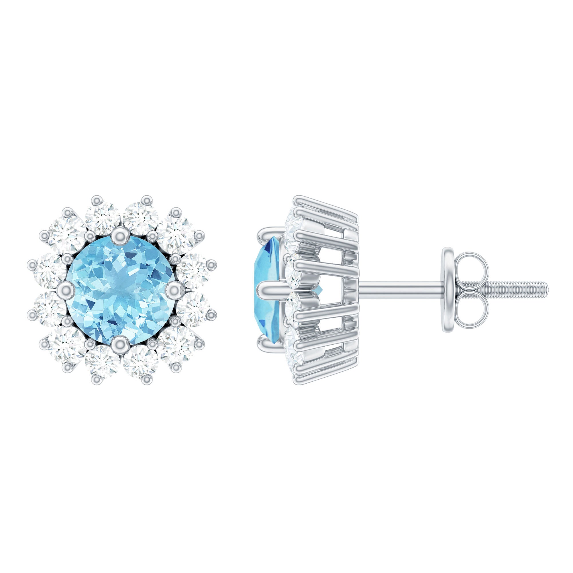 Certified Aquamarine and Diamond Halo Stud Earrings