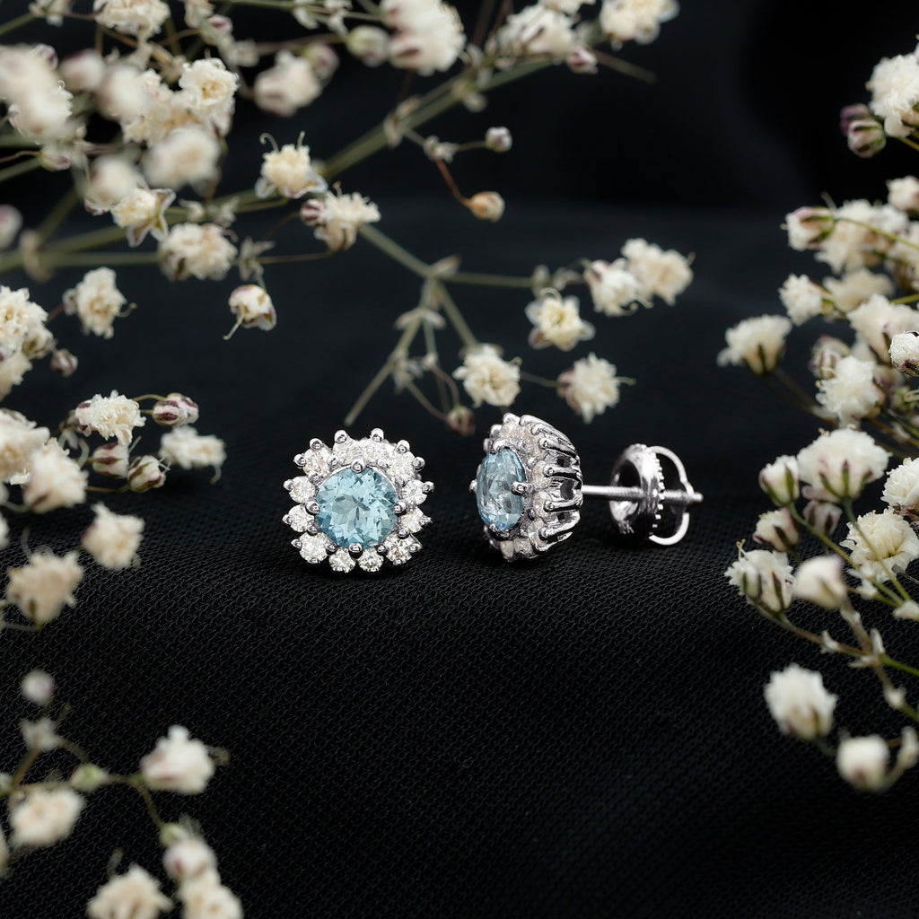 Certified Aquamarine and Diamond Halo Stud Earrings