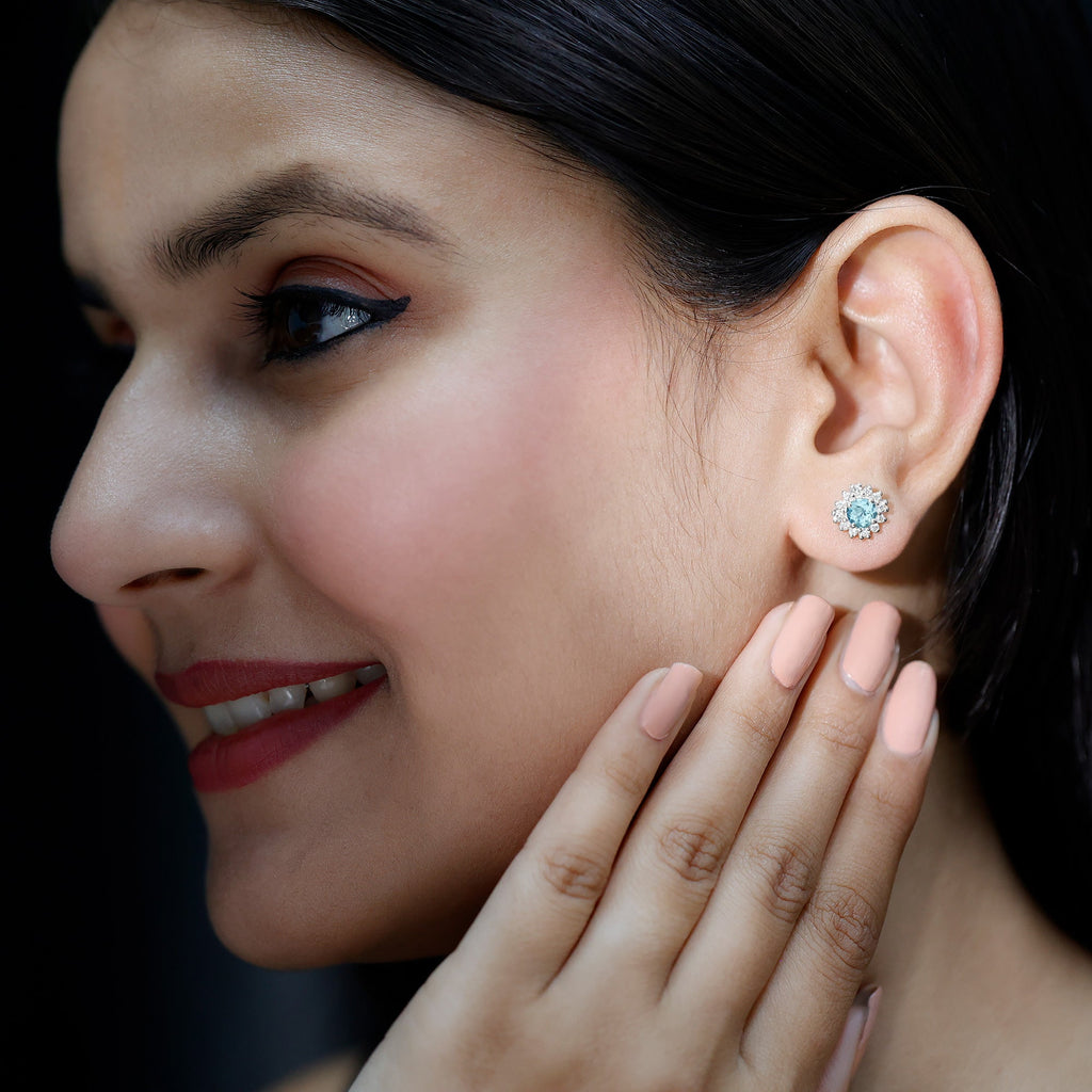 Certified Aquamarine and Diamond Halo Stud Earrings
