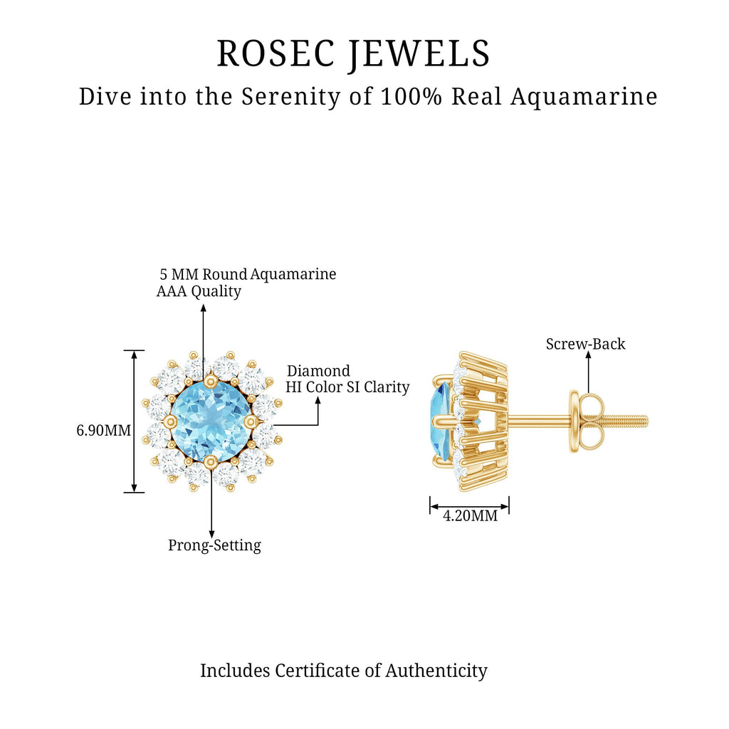 Certified Aquamarine and Diamond Halo Stud Earrings