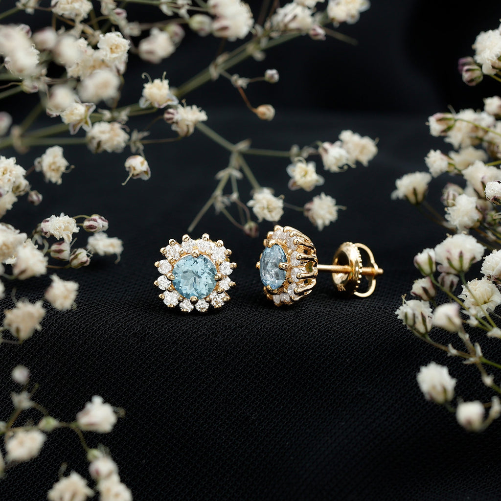 Certified Aquamarine and Diamond Halo Stud Earrings