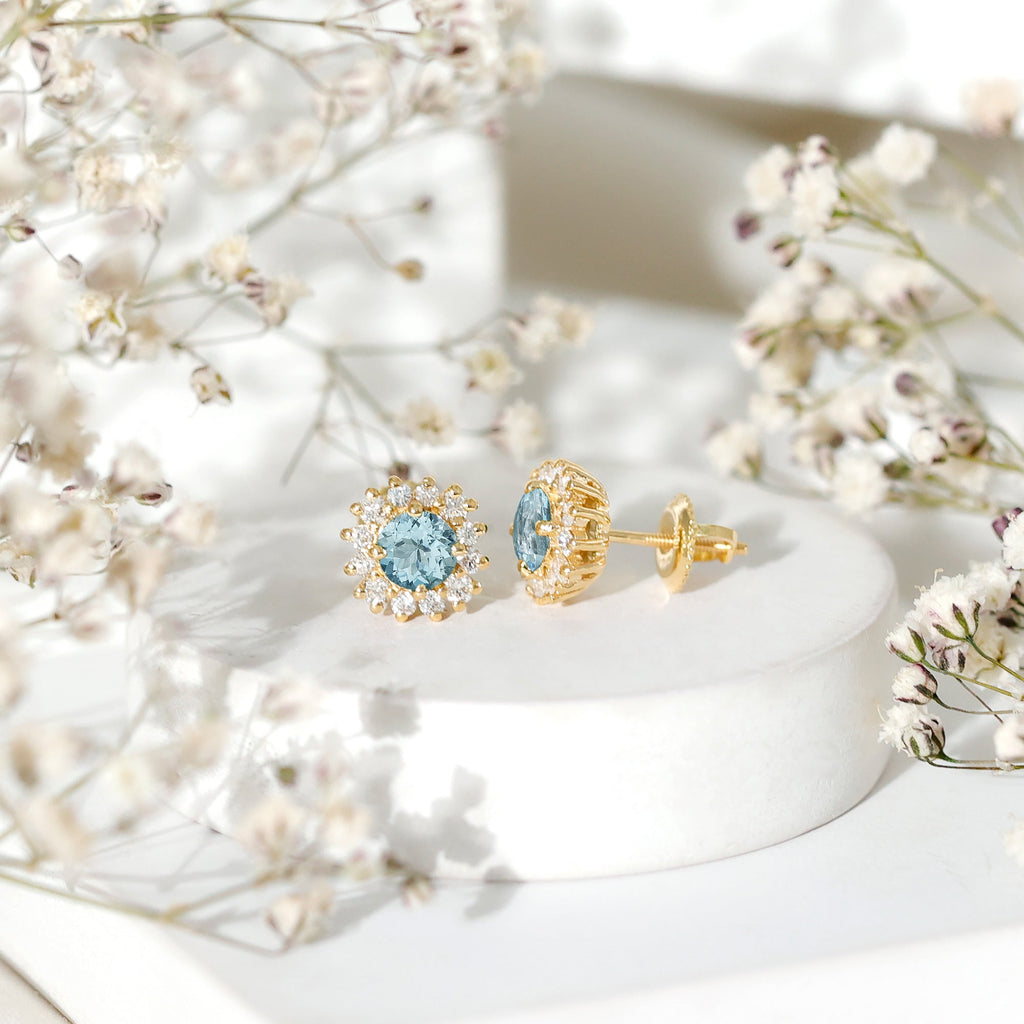 Certified Aquamarine and Diamond Halo Stud Earrings
