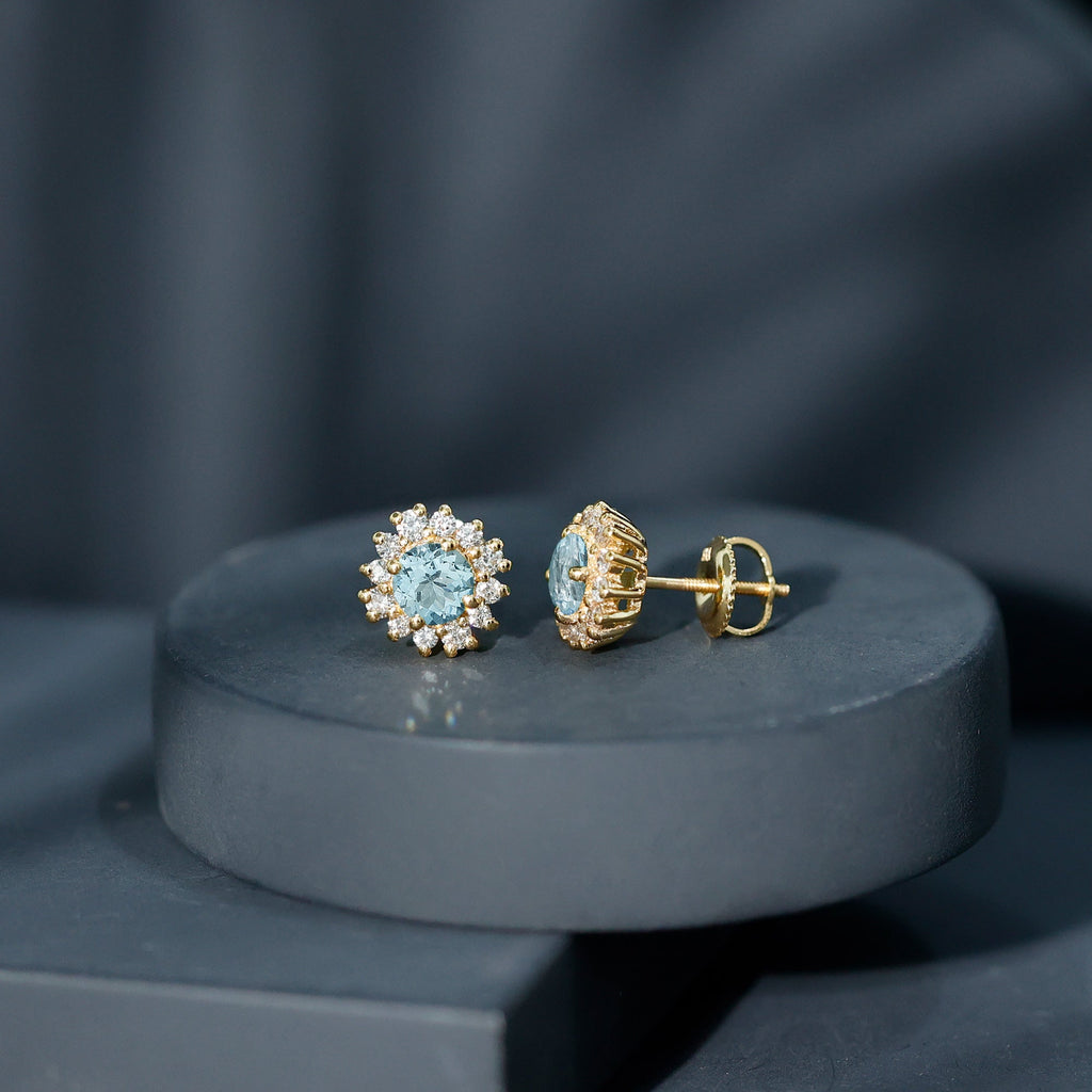 Certified Aquamarine and Diamond Halo Stud Earrings