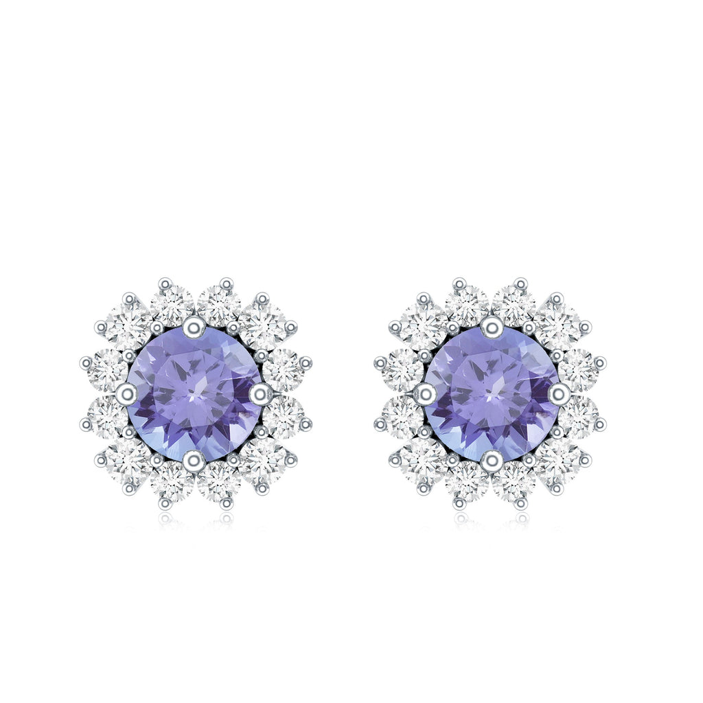 Natural 1 Carat Tanzanite Stud Earrings with Diamond Halo