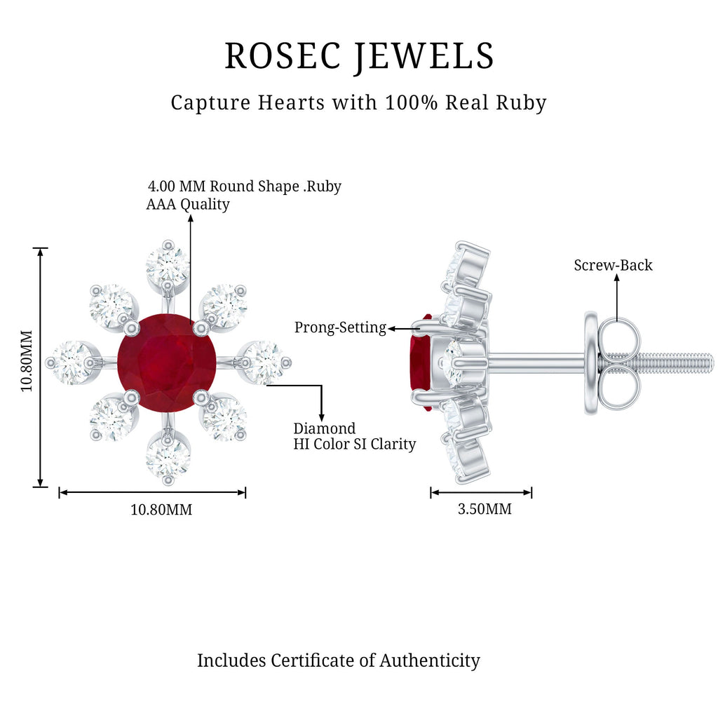 Natural Ruby Flower Stud Earrings with Diamond for Women