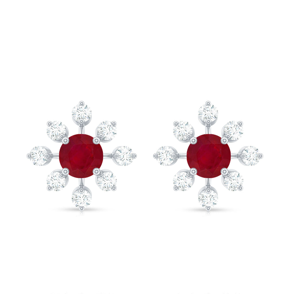 Natural Ruby Flower Stud Earrings with Diamond for Women