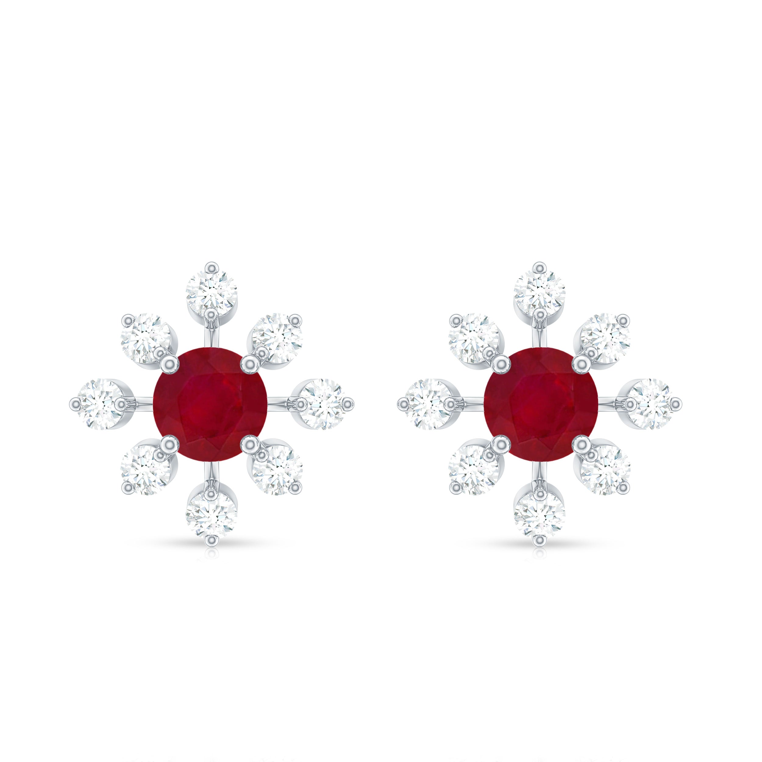 Natural Ruby Flower Stud Earrings with Diamond for Women