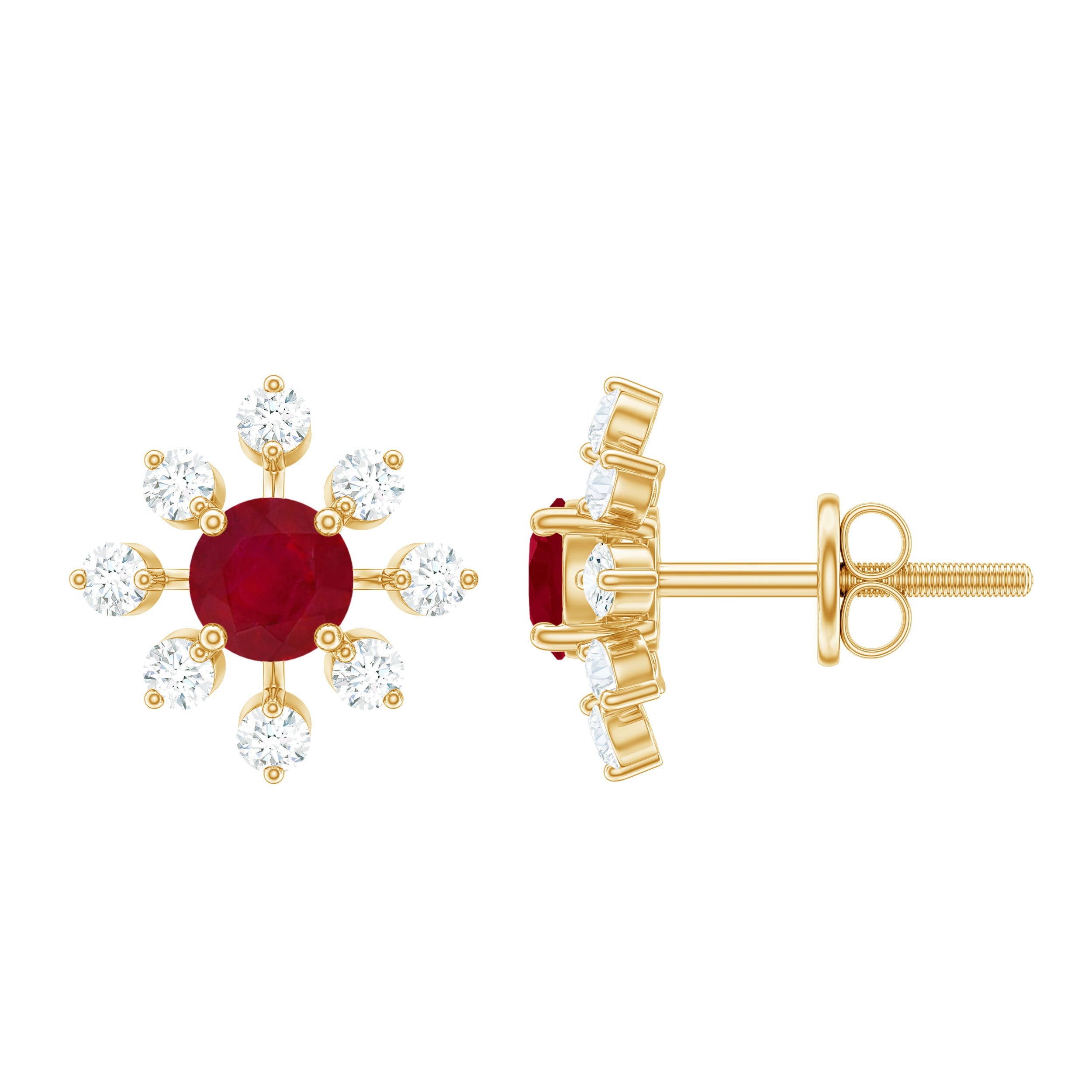 Natural Ruby Flower Stud Earrings with Diamond for Women