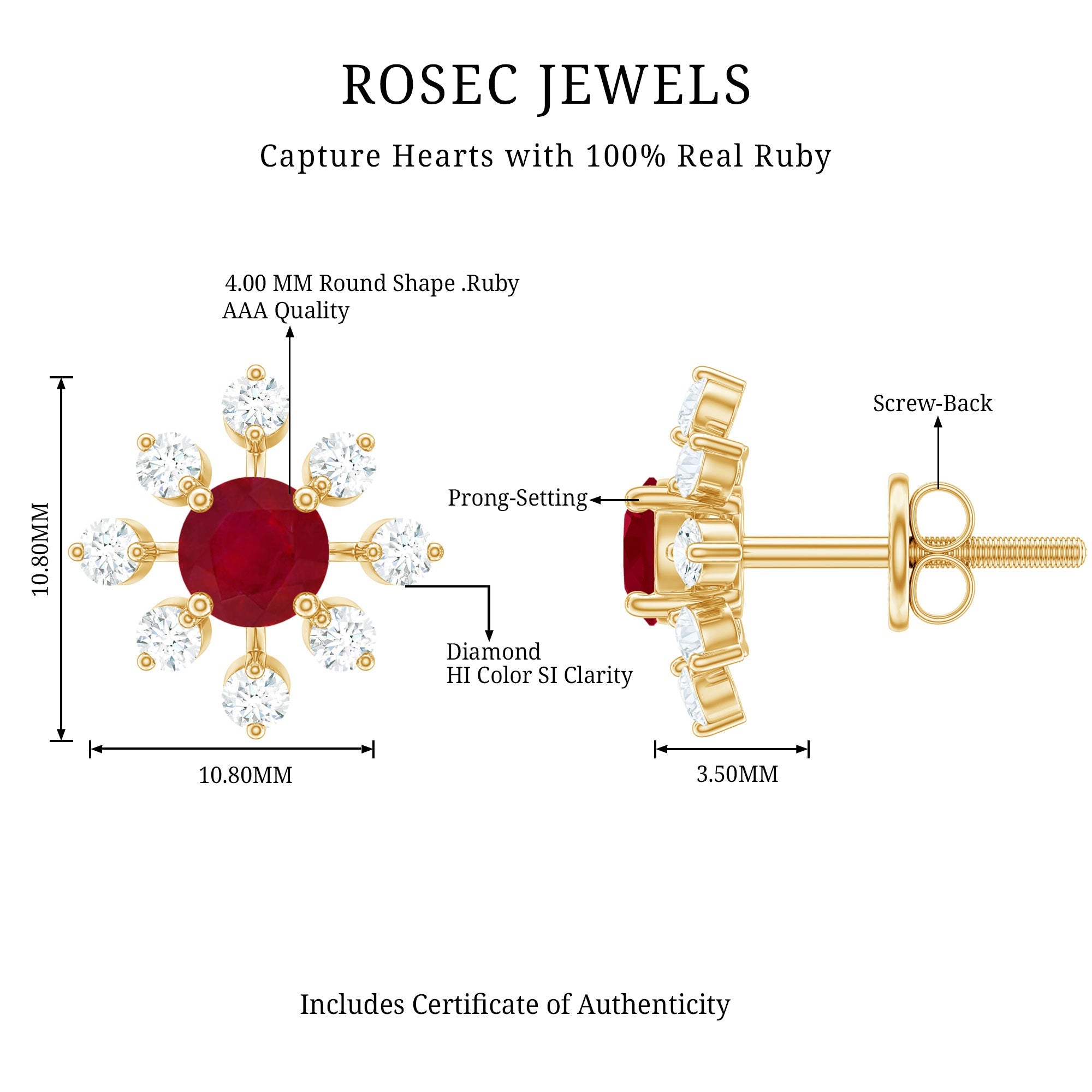 Natural Ruby Flower Stud Earrings with Diamond for Women