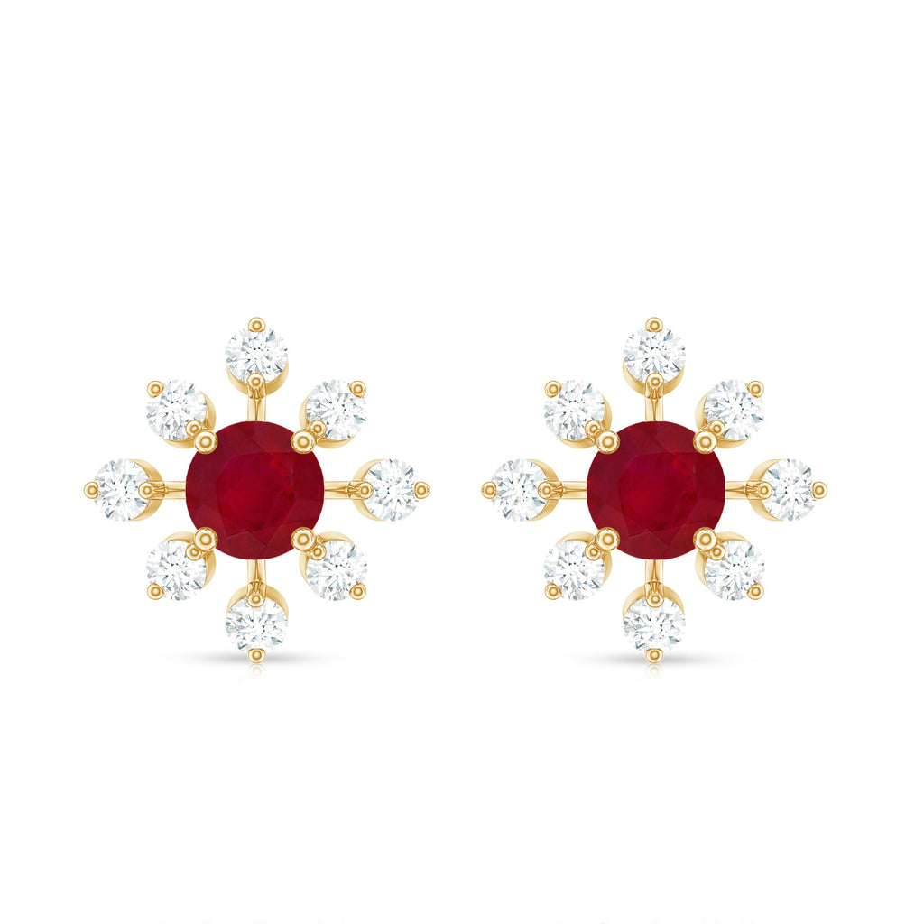 Natural Ruby Flower Stud Earrings with Diamond for Women