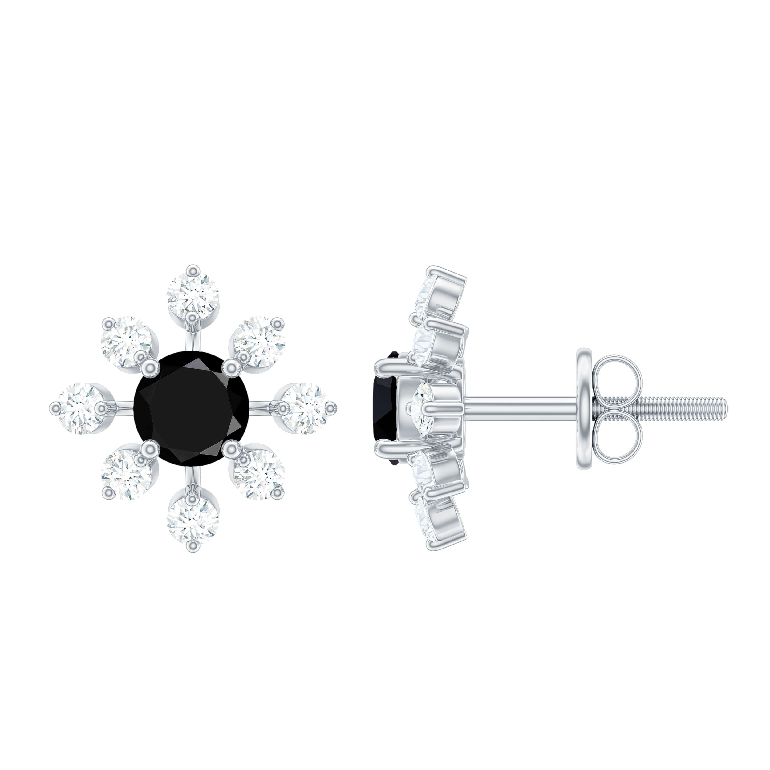 Lab Created Black and White Diamond Flower Stud Earrings