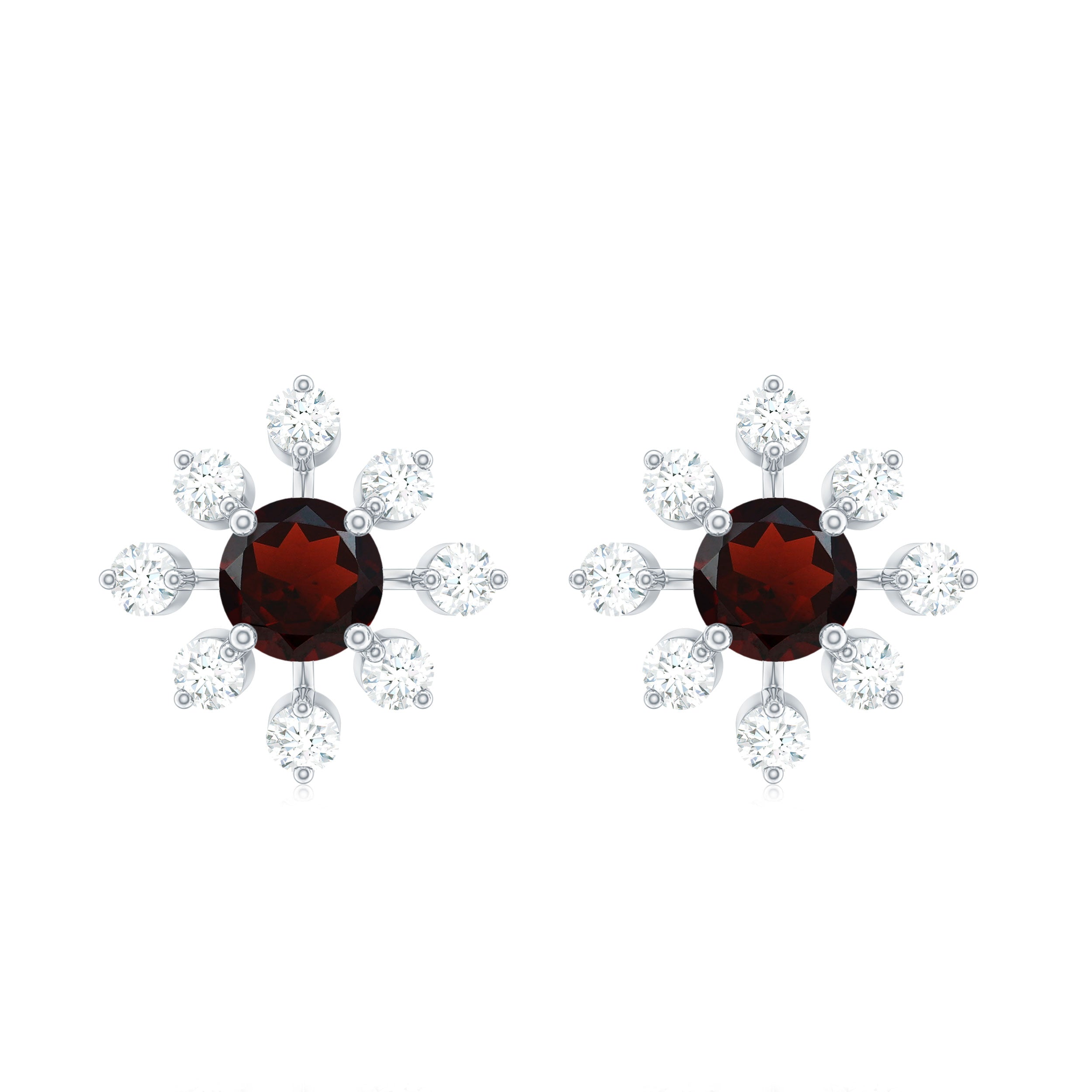 Natural Garnet and Diamond Flower Stud Earrings