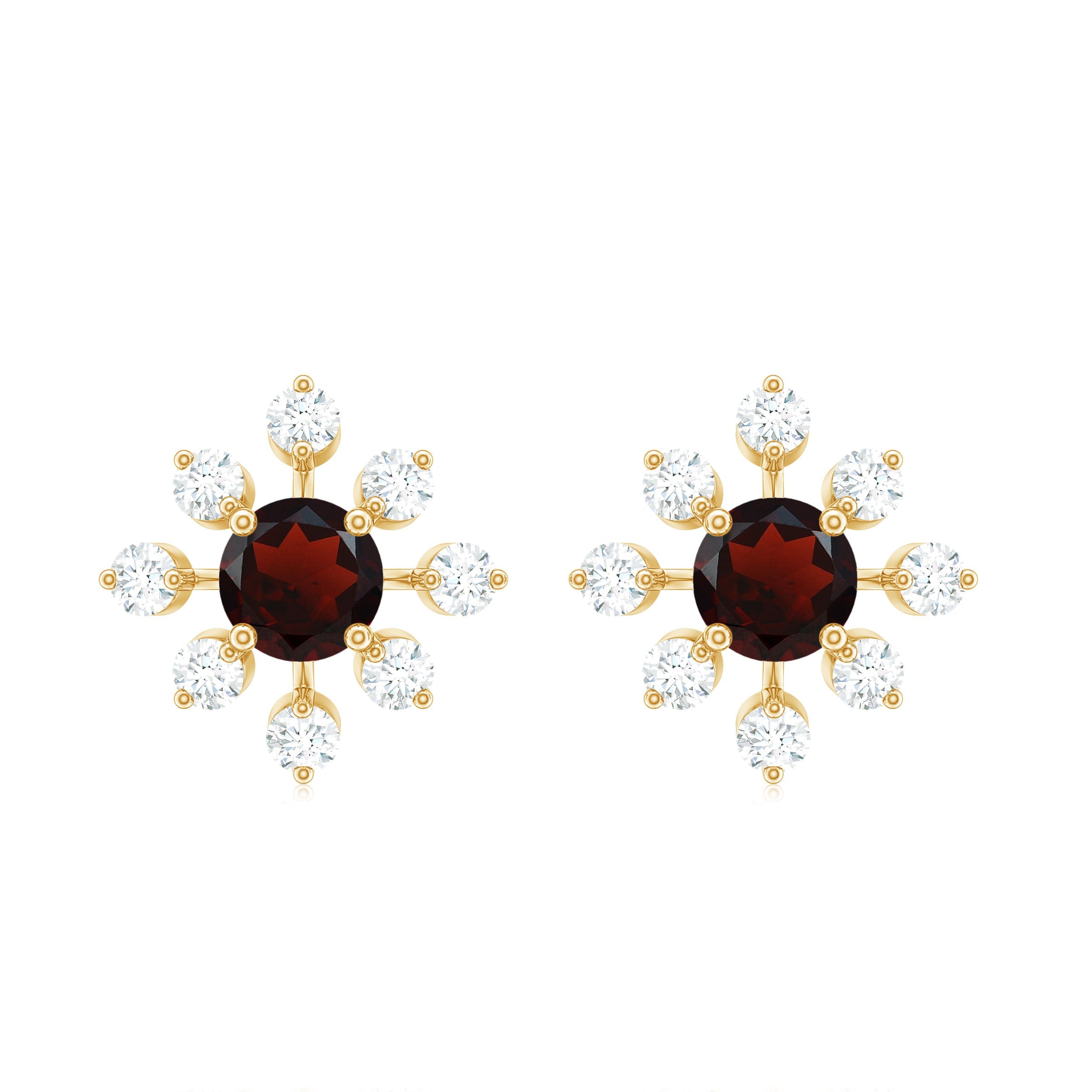 Natural Garnet and Diamond Flower Stud Earrings