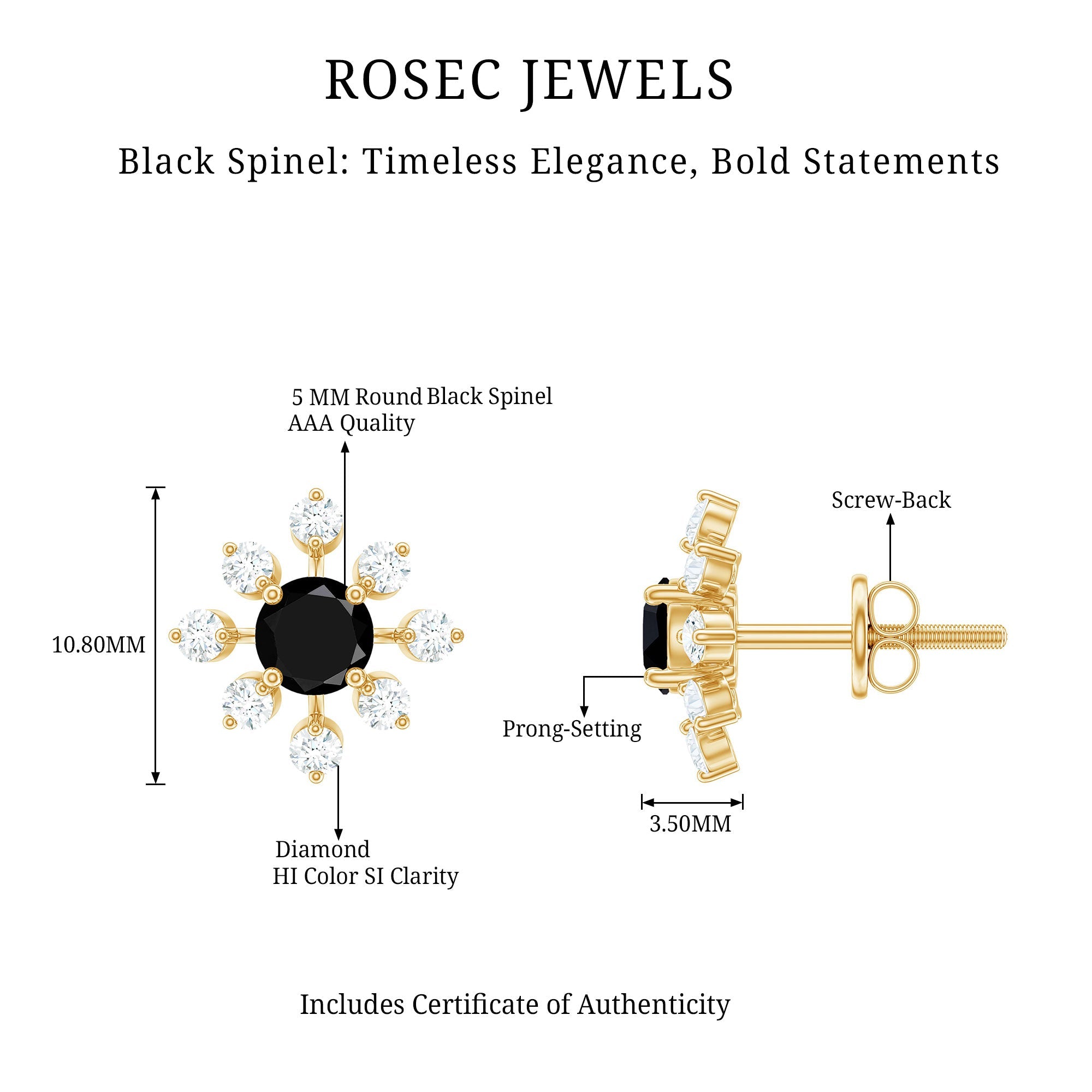 Certified Natural Black Spinel Snowflake Earrings with Diamond