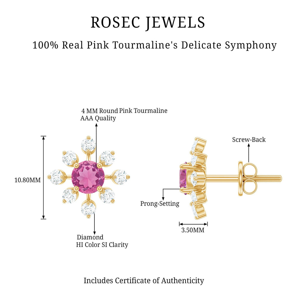 Natural Pink Tourmaline Flower Stud Earrings with Diamond
